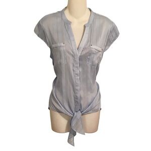 Cache sky blue stripe sheer button up tie front blouse top Medium M